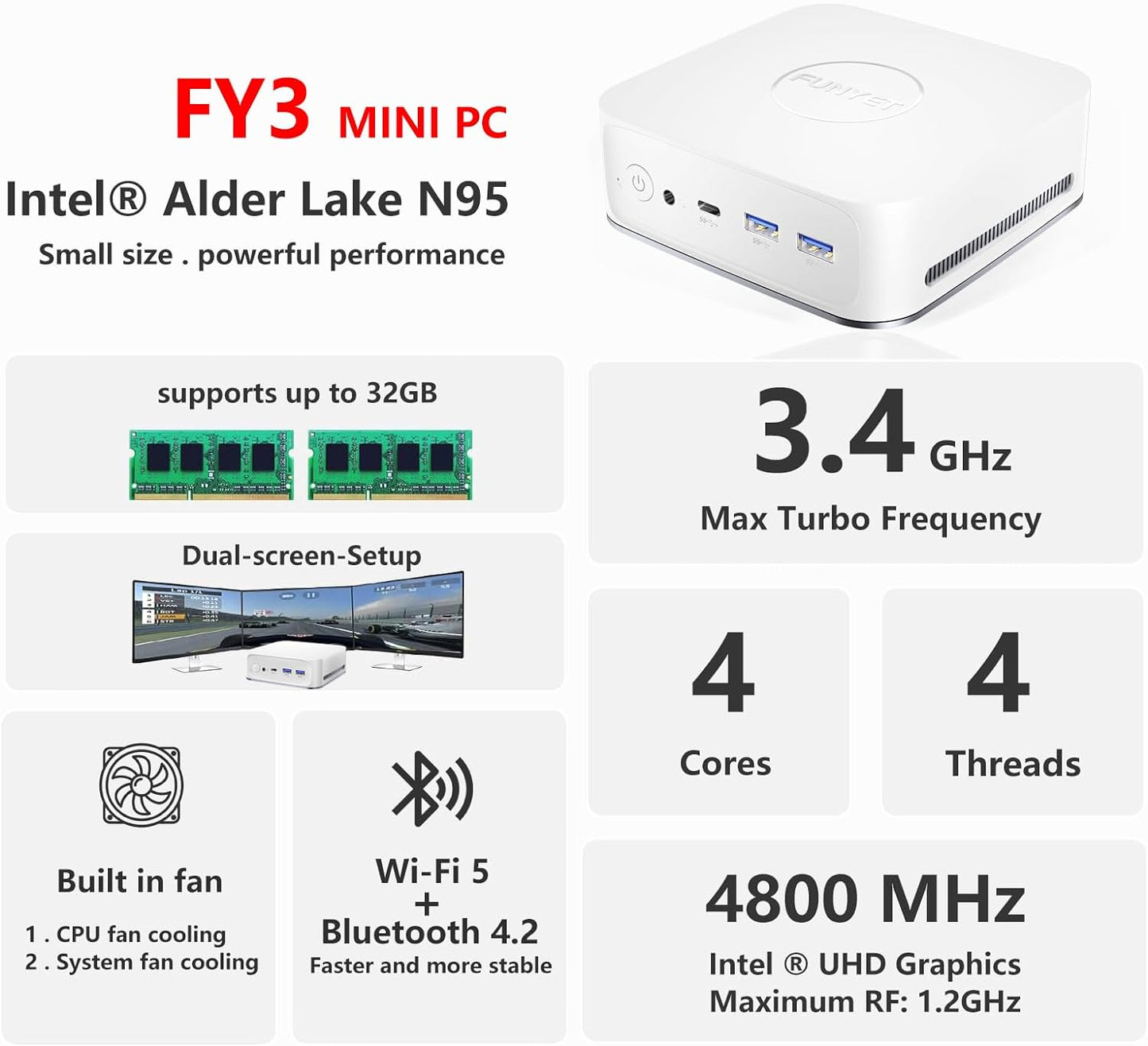 FUNYET Mini PC Gaming PC, Desktop Computer with Intel 12th Gen Alder Lake N95(up to 3.4GHz), 16GB DDR4 RAM 512GB SSD, Supports 4K Displays, Windows 11 Pro