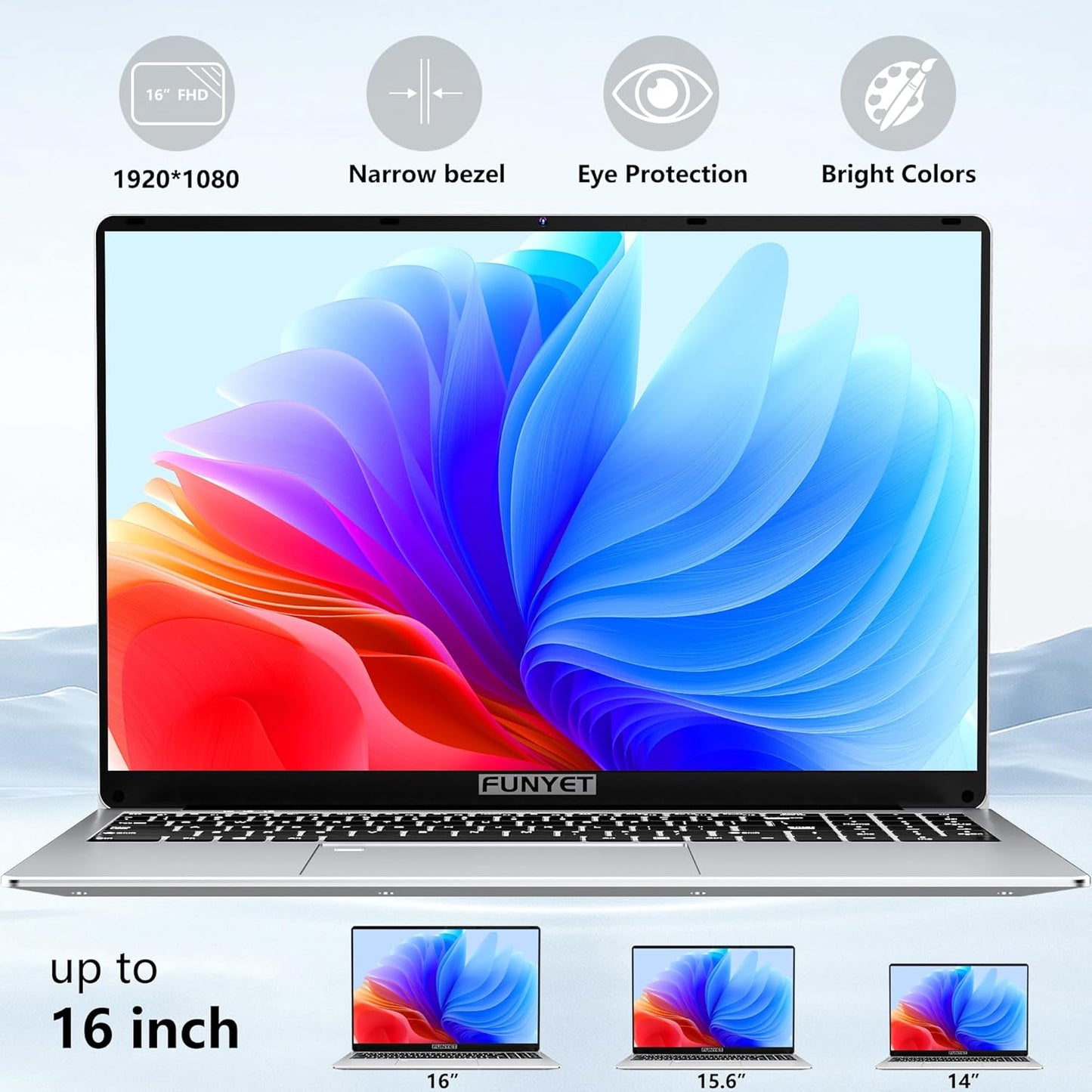 FUNYET 16 Inch Laptop Computer, Gaming Laptop, 16GB RAM 512GB SSD, Intel 12th Gen N95 Processor(up to 3.4GHz), FHD 1920 * 1080, 180 Angle Opening, Fingerprint Unlock, Backlit Keyboard, Windows 11 Pro